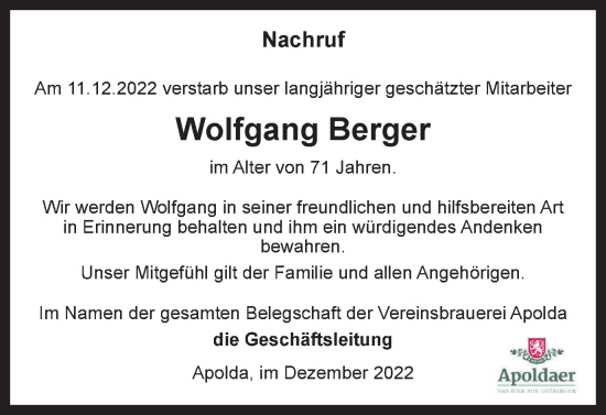 Traueranzeige von Wolfgang Berger von Thüringer Allgemeine, Thüringische Landeszeitung