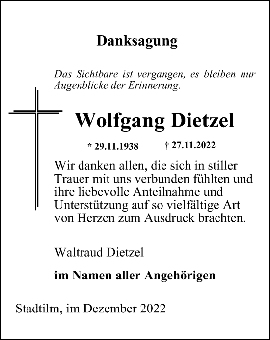 Traueranzeige von Wolfgang Dietzel von Thüringer Allgemeine