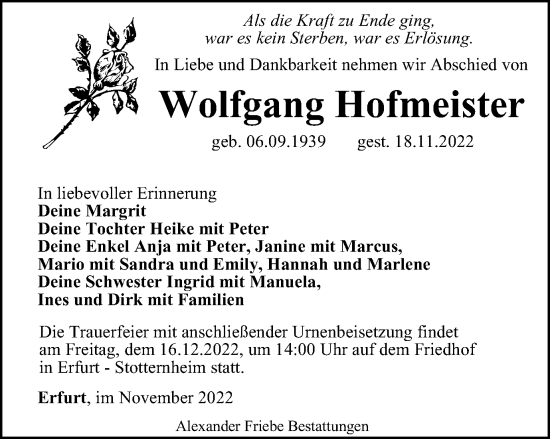 Traueranzeige von Wolfgang Hofmeister