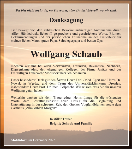 Traueranzeige von Wolfgang Schaub von Ostthüringer Zeitung