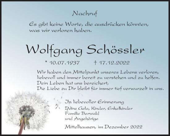 Traueranzeige von Wolfgang Schössler