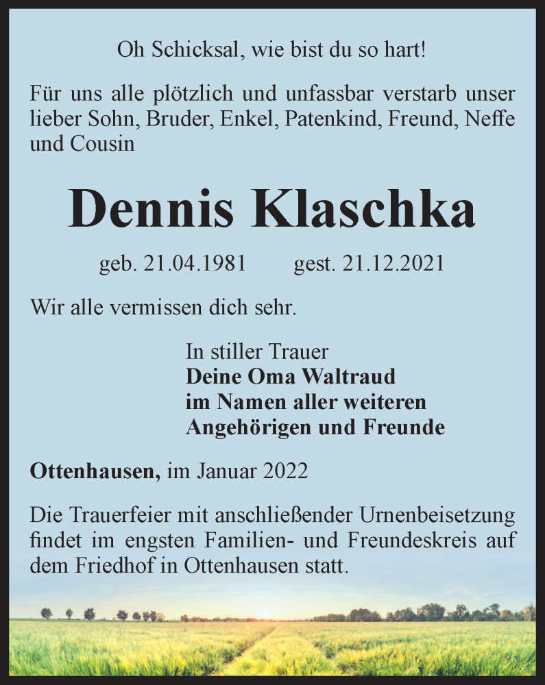  Traueranzeige für Dennis Klaschka vom 21.01.2022 aus Thüringer Allgemeine
