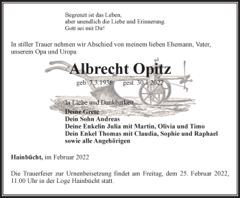 Traueranzeige von Albrecht Opitz von Ostthüringer Zeitung