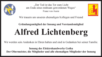 Traueranzeige von Alfred Lichtenberg von Thüringer Allgemeine, Thüringische Landeszeitung