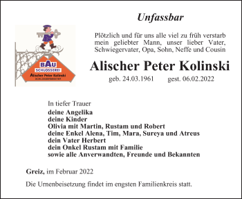 Traueranzeige von Alischer Peter Kolinski von Ostthüringer Zeitung