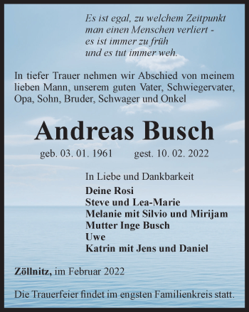 Traueranzeige von Andreas Busch von Ostthüringer Zeitung, Thüringische Landeszeitung