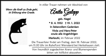 Traueranzeige von Anita Galepp von Thüringer Allgemeine, Thüringische Landeszeitung