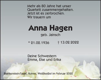 Traueranzeige von Anna Hagen von Ostthüringer Zeitung