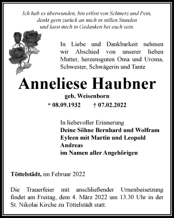 Traueranzeige von Anneliese Haubner von Thüringer Allgemeine, Thüringische Landeszeitung