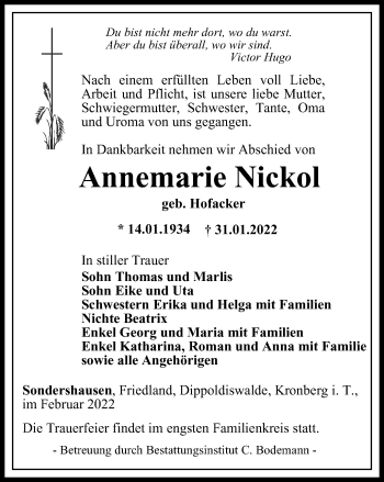 Traueranzeige von Annemarie Nickol