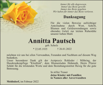 Traueranzeige von Annitta Pautsch von Ostthüringer Zeitung