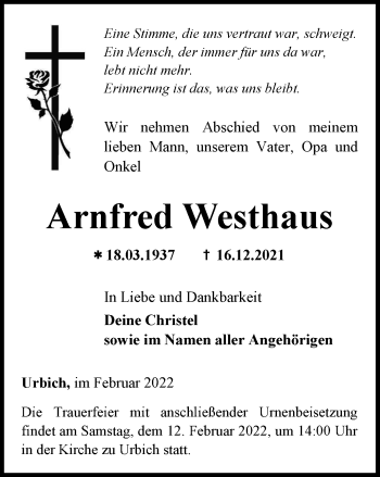 Traueranzeige von Arnfred Westhaus von Thüringer Allgemeine, Thüringische Landeszeitung