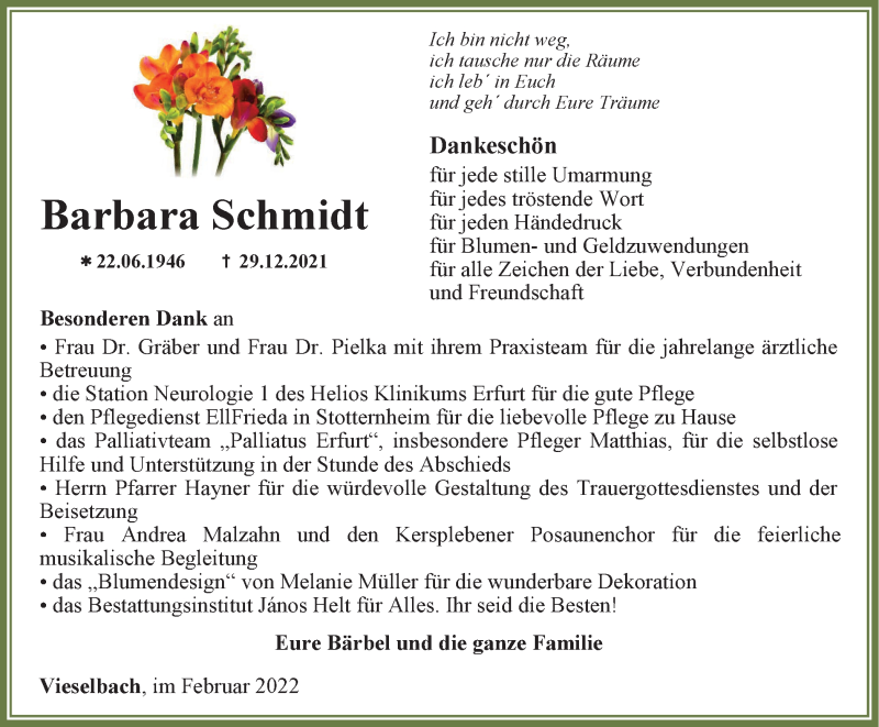  Traueranzeige für Barbara Schmidt vom 12.02.2022 aus Thüringer Allgemeine, Thüringische Landeszeitung
