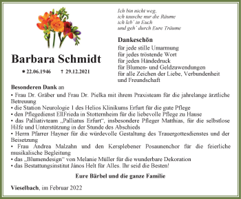 Traueranzeige von Barbara Schmidt von Thüringer Allgemeine, Thüringische Landeszeitung