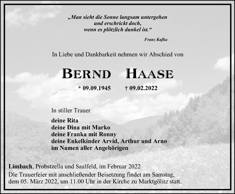  Traueranzeige für Bernd Haase vom 26.02.2022 aus Ostthüringer Zeitung