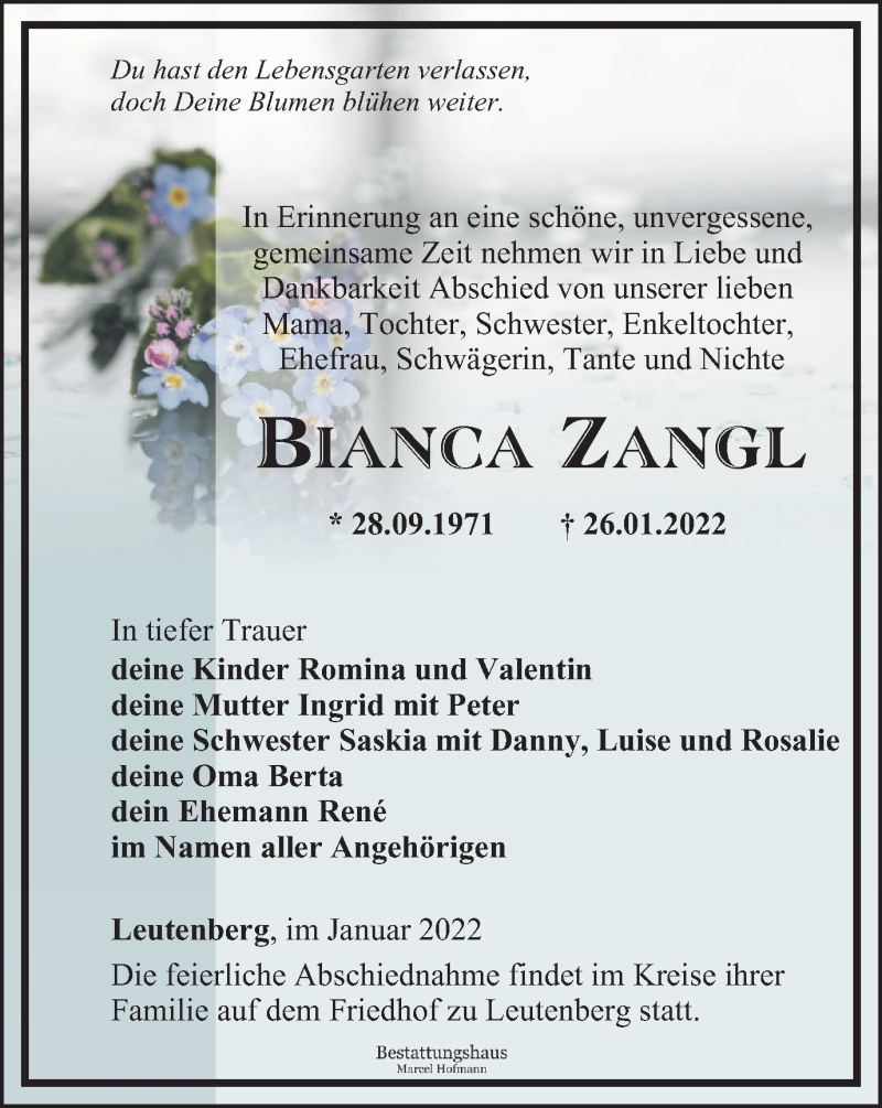  Traueranzeige für Bianca Zangl vom 02.02.2022 aus Ostthüringer Zeitung