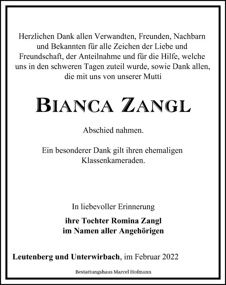  Traueranzeige für Bianca Zangl vom 19.02.2022 aus Ostthüringer Zeitung