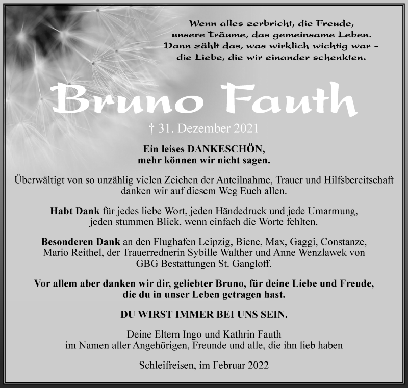  Traueranzeige für Bruno Fauth vom 05.02.2022 aus Ostthüringer Zeitung
