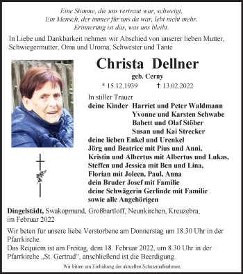 Traueranzeige von Christa Dellner von Thüringer Allgemeine