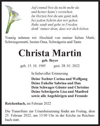 Traueranzeige von Christa Martin von Ostthüringer Zeitung