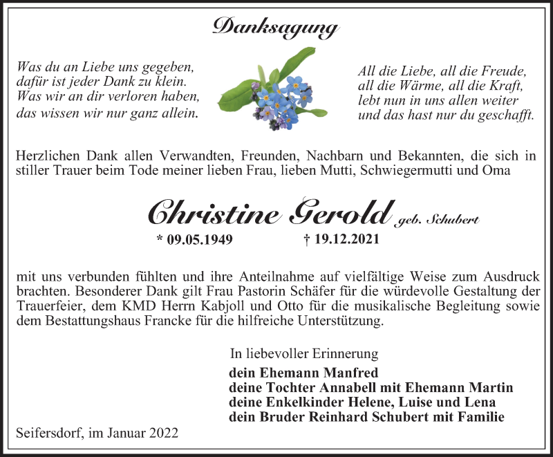  Traueranzeige für Christine Gerold vom 02.02.2022 aus Ostthüringer Zeitung