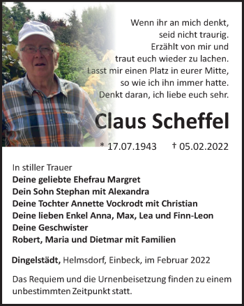 Traueranzeige von Claus Scheffel von Thüringer Allgemeine