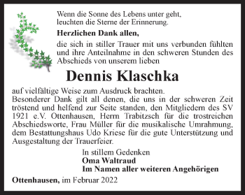 Traueranzeige von Dennis Klaschka von Thüringer Allgemeine
