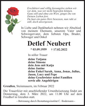 Traueranzeige von Detlef Neubert