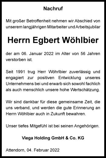 Traueranzeige von Egbert Wöhlbier von Thüringer Allgemeine, Thüringische Landeszeitung