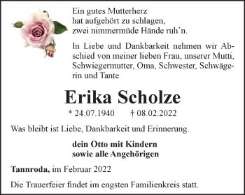 Traueranzeige von Erika Scholze von Thüringer Allgemeine, Thüringische Landeszeitung