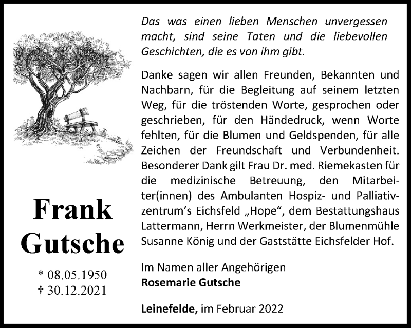 Traueranzeige für Frank Gutsche vom 05.02.2022 aus Thüringer Allgemeine