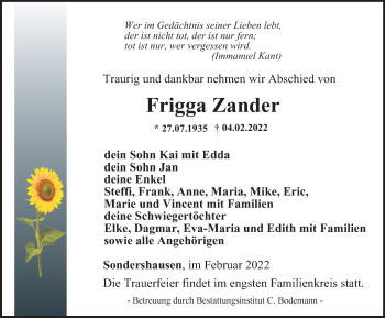 Traueranzeige von Frigga Zander