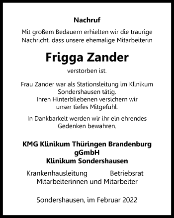 Traueranzeige von Frigga Zander