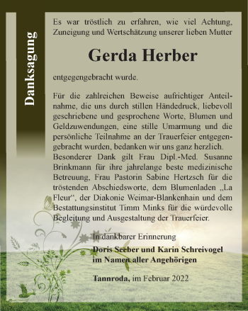 Traueranzeige von Gerda Herber von Thüringer Allgemeine, Thüringische Landeszeitung