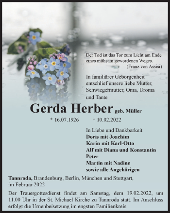 Traueranzeige von Gerda Herber