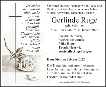 Traueranzeige von Gerlinde Ruge von Thüringer Allgemeine