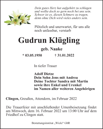 Traueranzeige von Gudrun Klügling von Thüringer Allgemeine