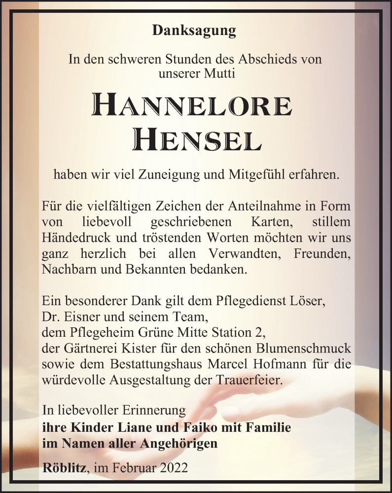  Traueranzeige für Hannelore Hensel vom 19.02.2022 aus Ostthüringer Zeitung