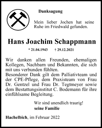 Traueranzeige von Hans Joachim Schappmann