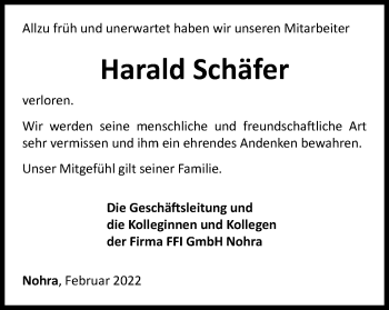 Traueranzeige von Harald Schäfer von Thüringer Allgemeine