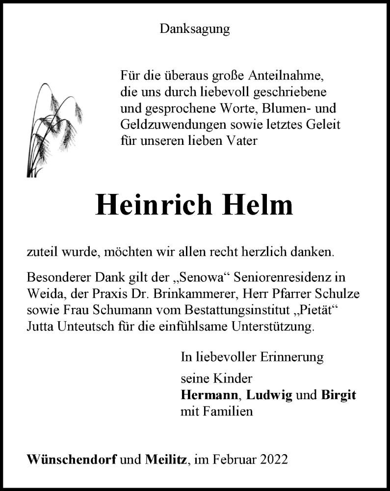  Traueranzeige für Heinrich Helm vom 19.02.2022 aus Ostthüringer Zeitung