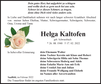 Traueranzeige von Helga Kaltofen von Ostthüringer Zeitung