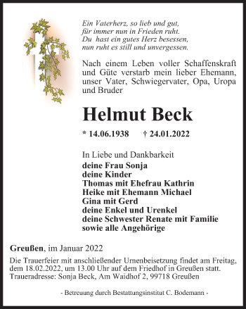 Traueranzeige von Helmut Beck