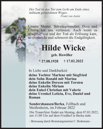 Traueranzeige von Hilde Wicke