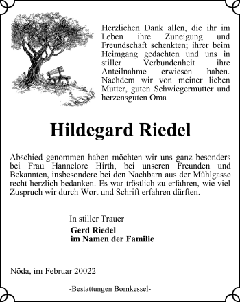 Traueranzeige von Hildegard Riedel