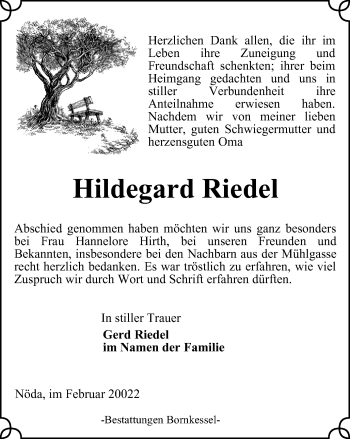 Traueranzeige von Hildegard Riedel von Thüringer Allgemeine, Thüringische Landeszeitung