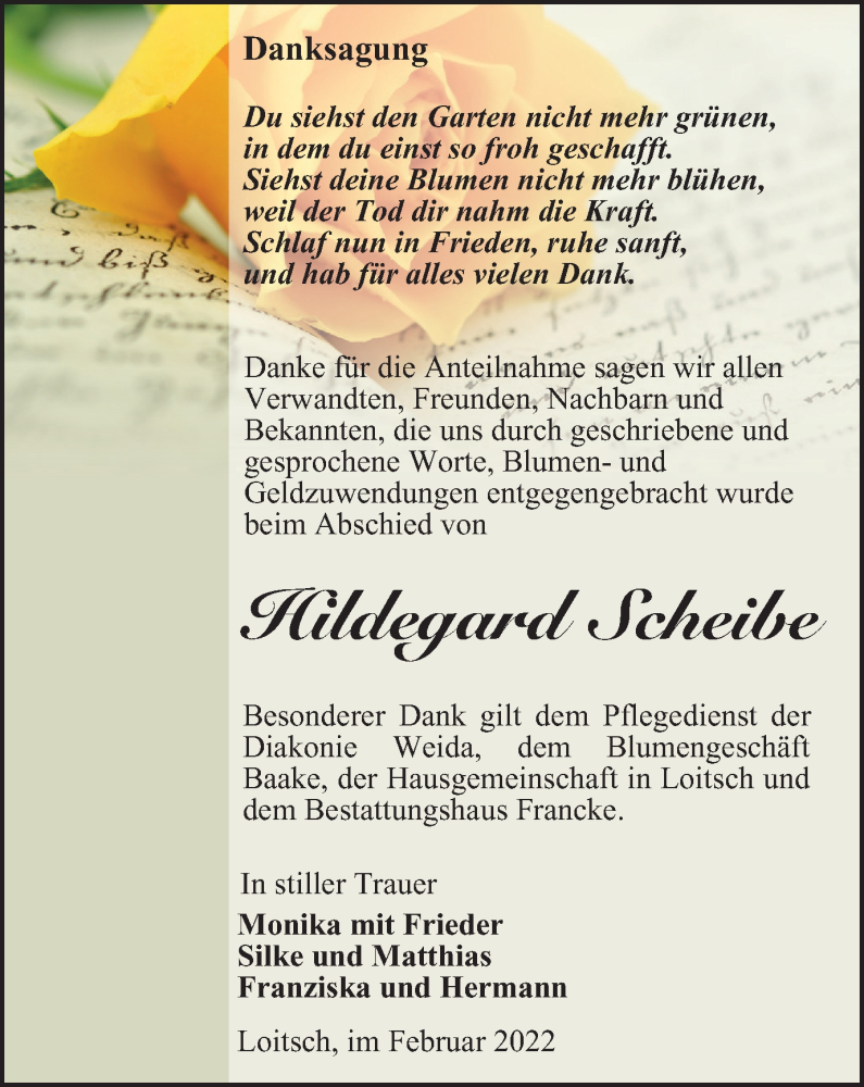  Traueranzeige für Hildegard Scheibe vom 19.02.2022 aus Ostthüringer Zeitung