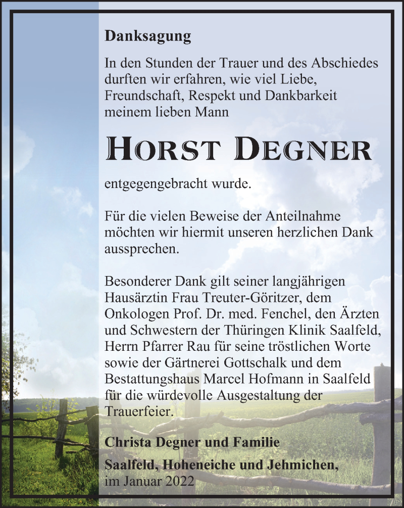  Traueranzeige für Horst Degner vom 03.02.2022 aus Ostthüringer Zeitung