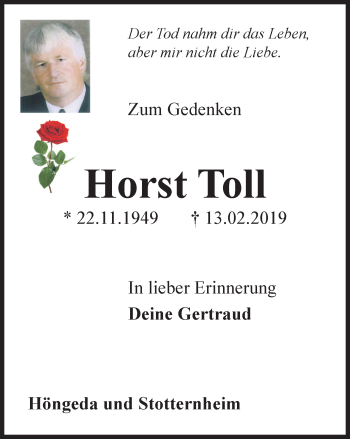 Traueranzeige von Horst Toll von Thüringer Allgemeine, Thüringische Landeszeitung