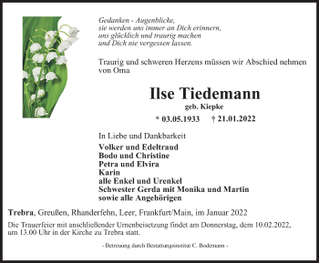 Traueranzeige von Ilse Tiedemann